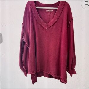 We The Free ASHER THERMAL KNIT OVERSIZED V-NECK X-S BURGUNDY RIBBED